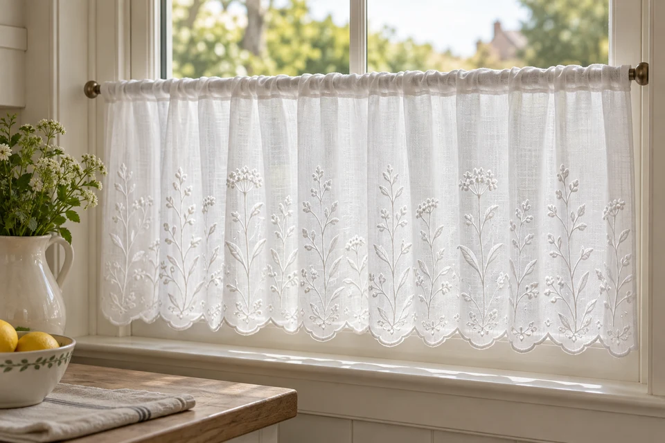 Embroidered café curtains, illustrative application